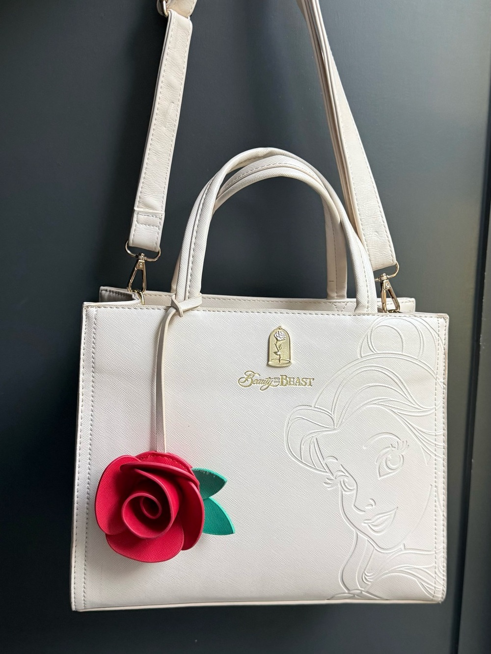 Loungefly Disney x Beauty & the Beast Cream Tote with Red Rose Charm